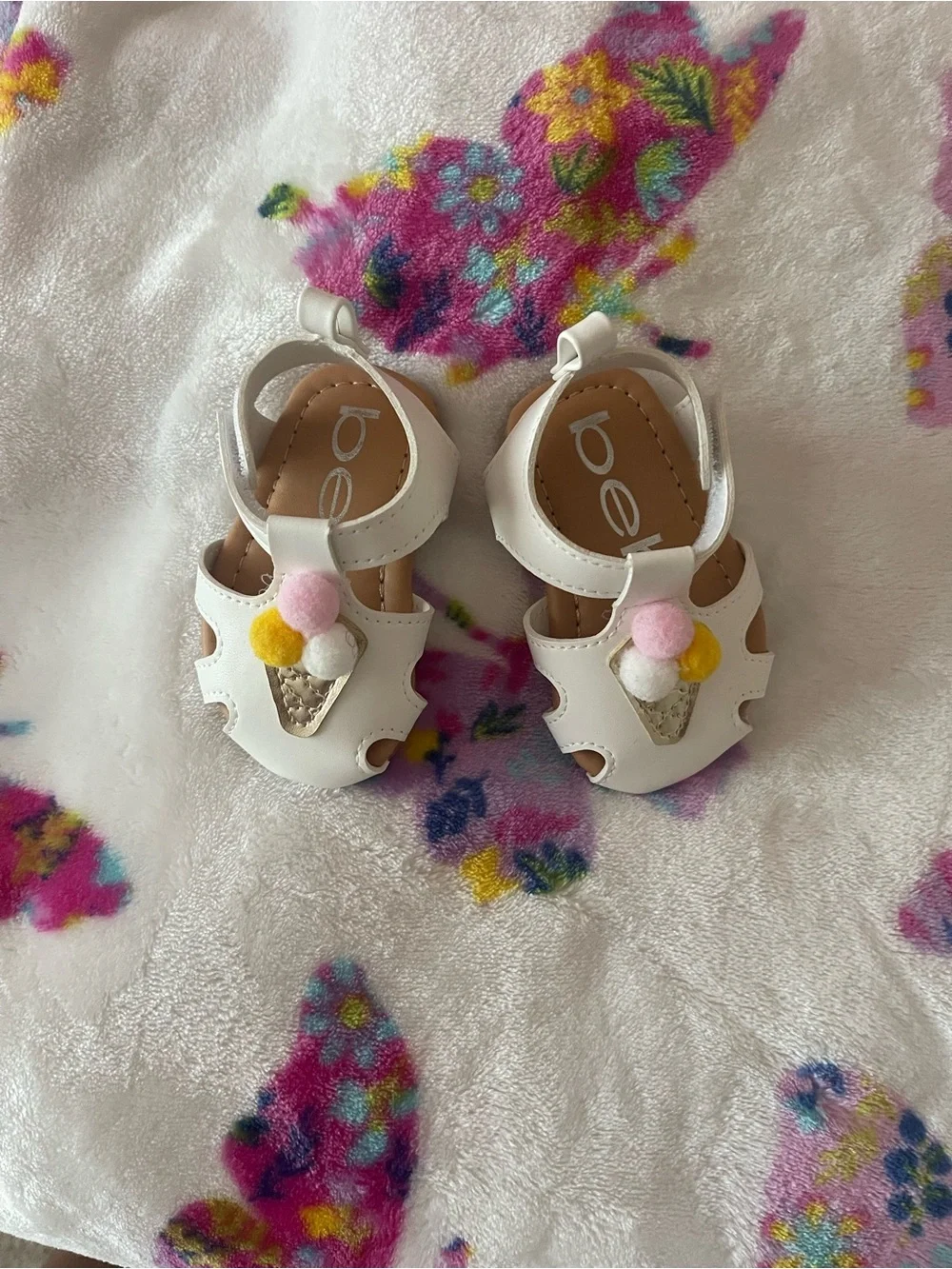 bebe White baby girls Sandals with Pink Yellow Pom-Poms